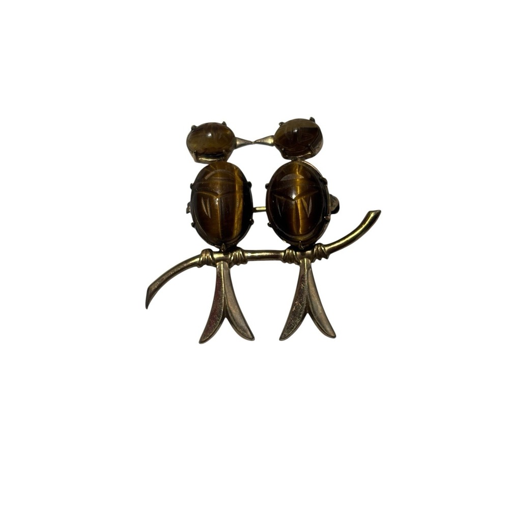 Vintage WRE Richards 12K Gold Filled Tigers Eye Love Birds Perching Brooch Pin